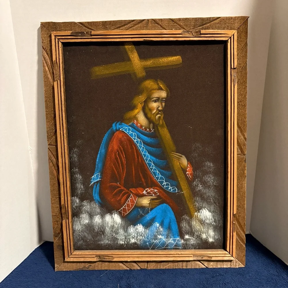 1970s MCM 16X20 Velvet Jesus w/ Cross Painting Mexico Kitsch Art Folk Wall Decor